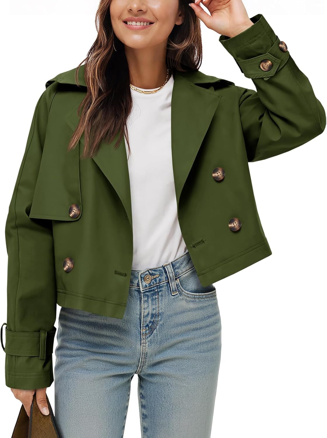 Cropped Trench Coat for Women - Stylish Double Breasted Jacket