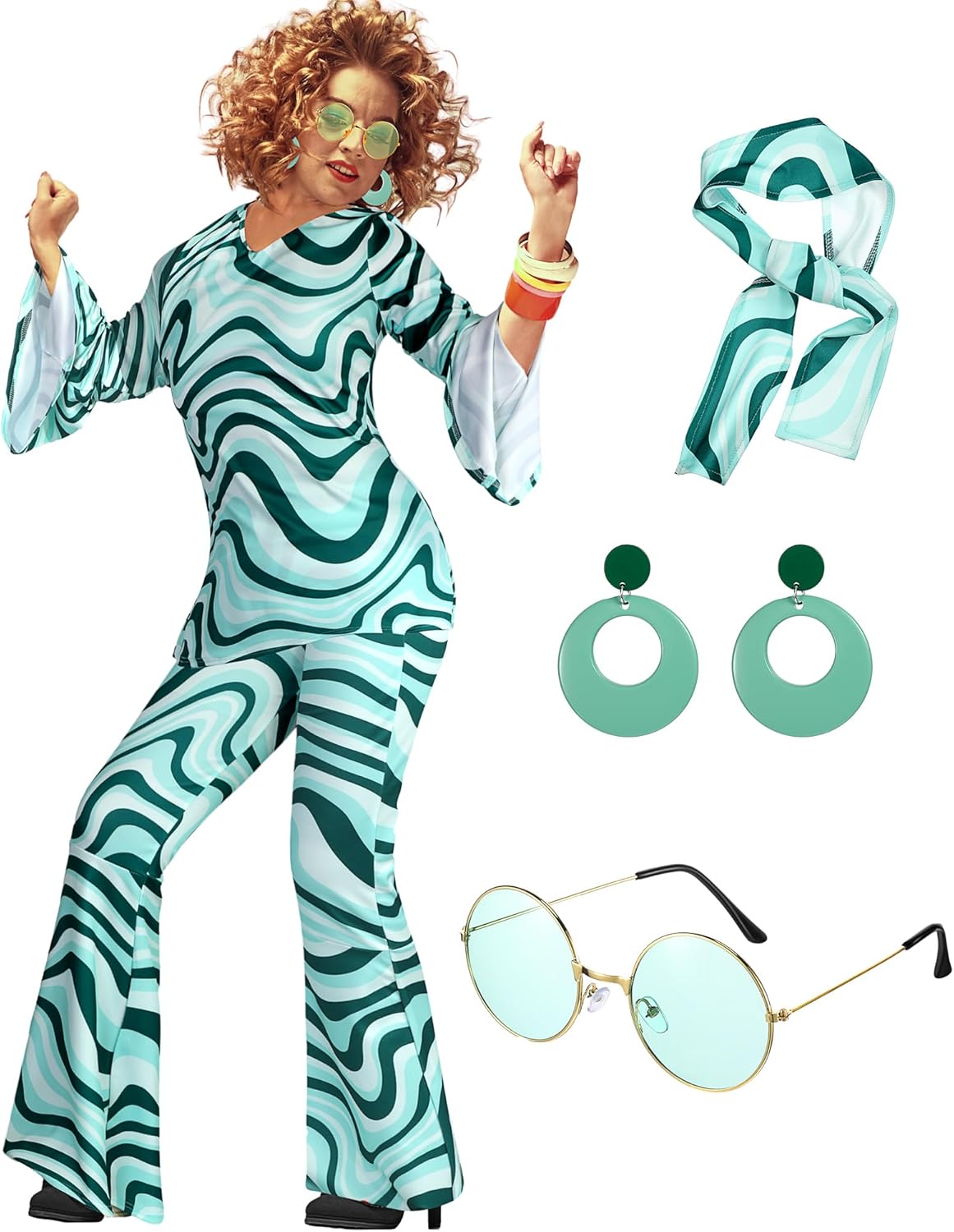 Hippie Disco Outfit for Women with Flared Pants and Accessories