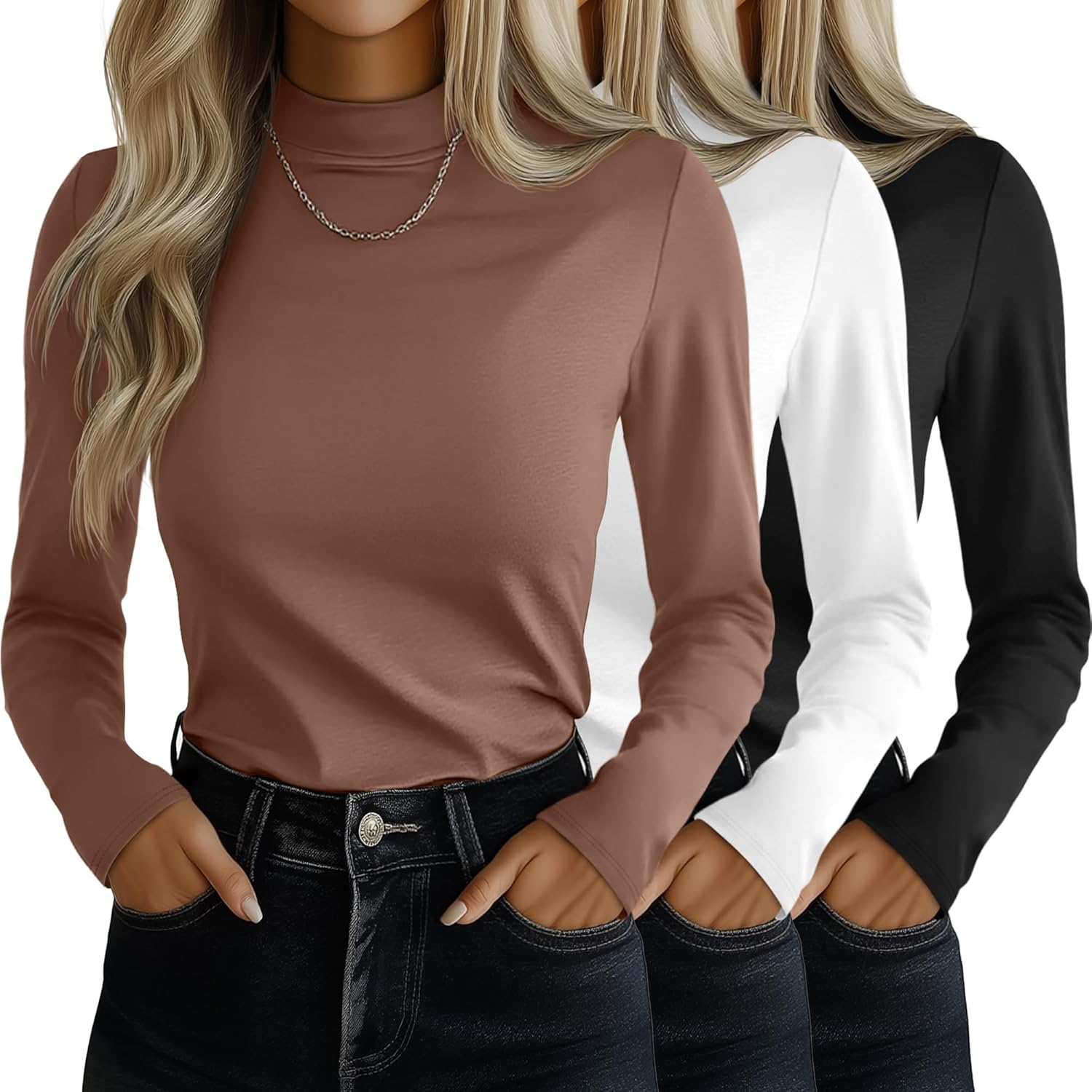Ficerd 3 Pack Women's Mock Turtleneck Shirts for Stylish Comfort