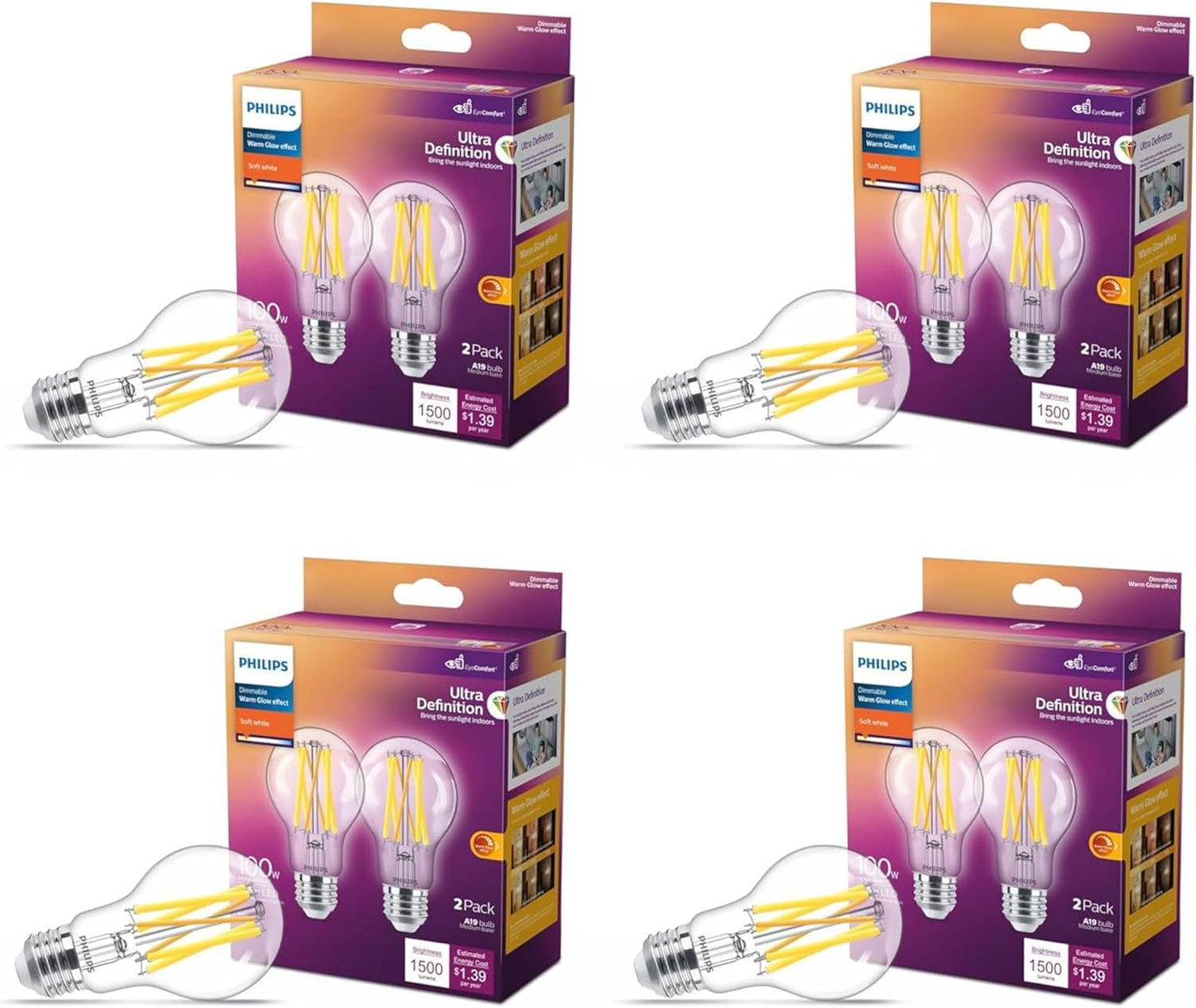 PHILIPS LED 40W A19 8-Pack Soft White Dimmable Light Bulbs