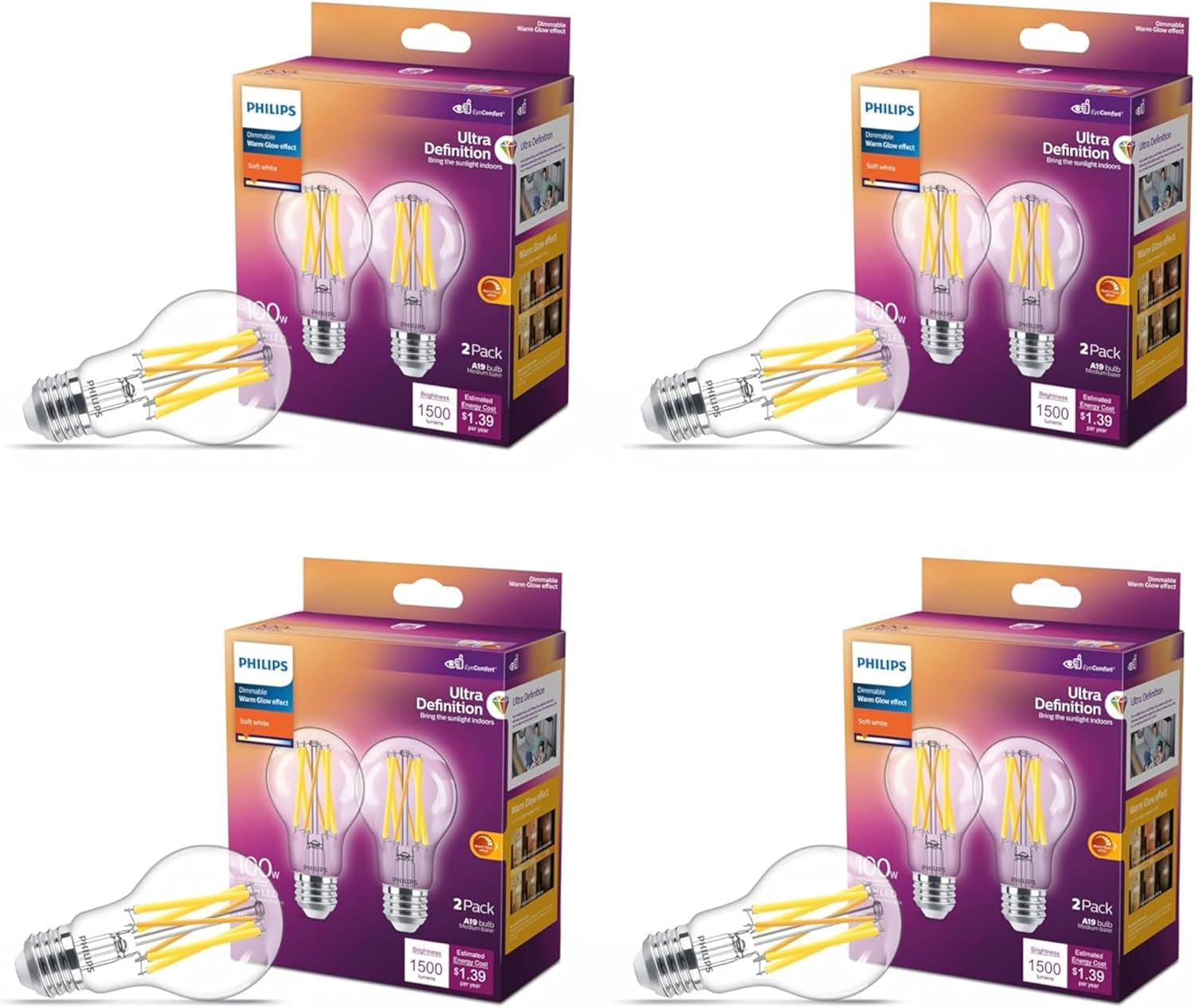 PHILIPS LED 40W A19 8-Pack Soft White Dimmable Light Bulbs