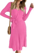 Women's Fall Wrap V Neck Ribbed Knit Pleated A Line Dress - Flattering