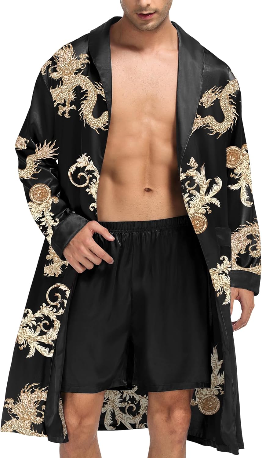 SWOMOG Men's Satin Robe with Shorts Set for Ultimate Comfort