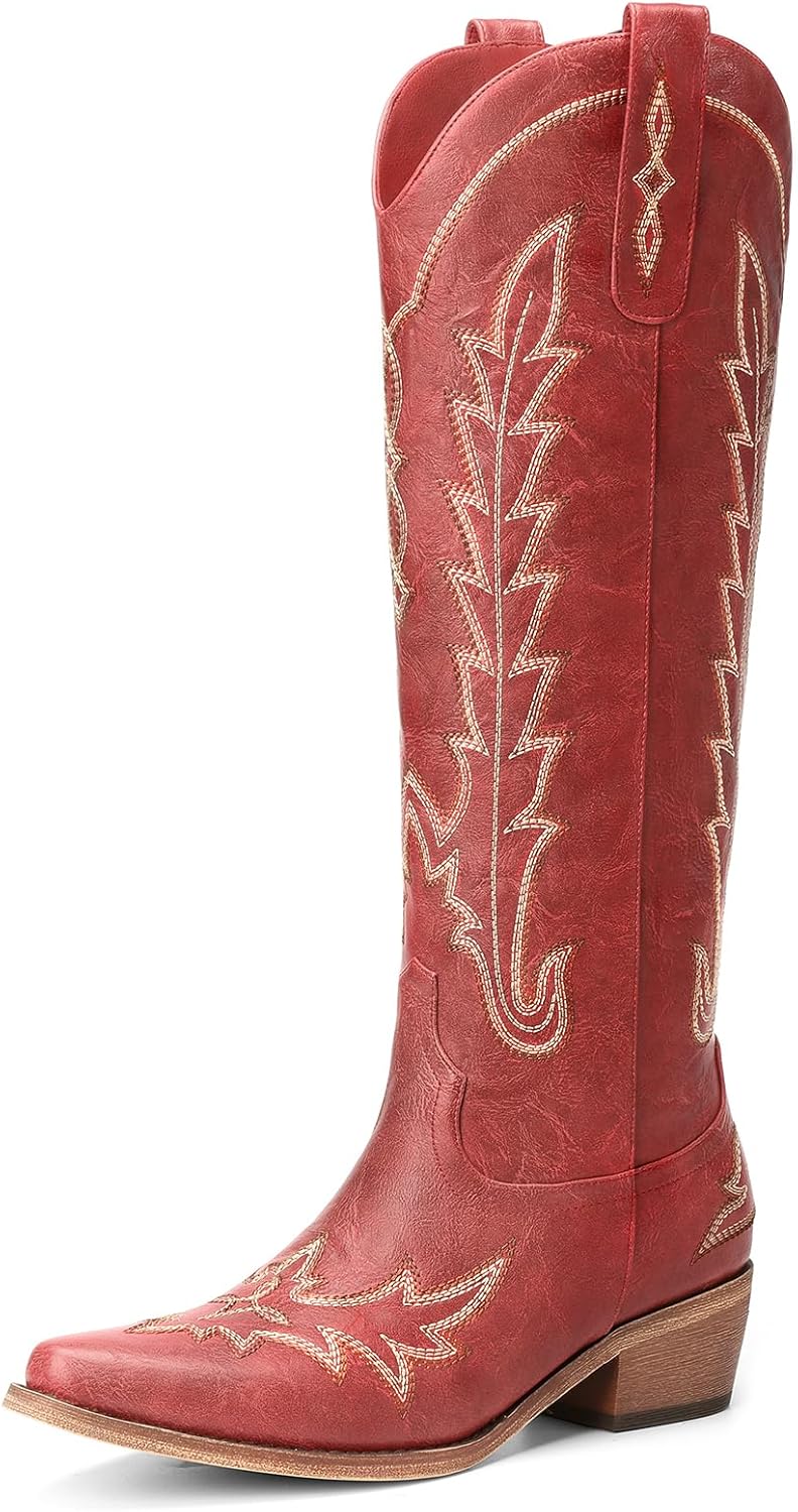 Cowboy Boots for Women - Knee High Pointed Toe Chunky Heel
