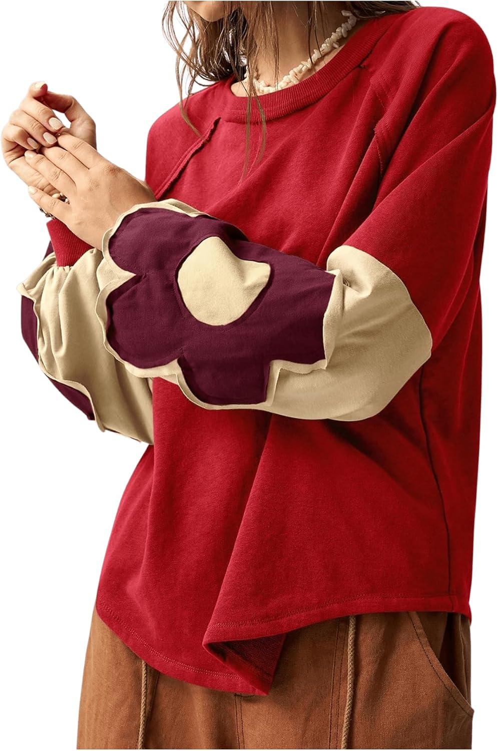 Women's Oversized Sweatshirt with Floral Patchwork Design