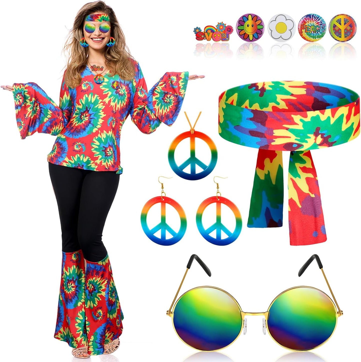 Hippie Costume Set for Women with 60s 70s Flared Pants & More