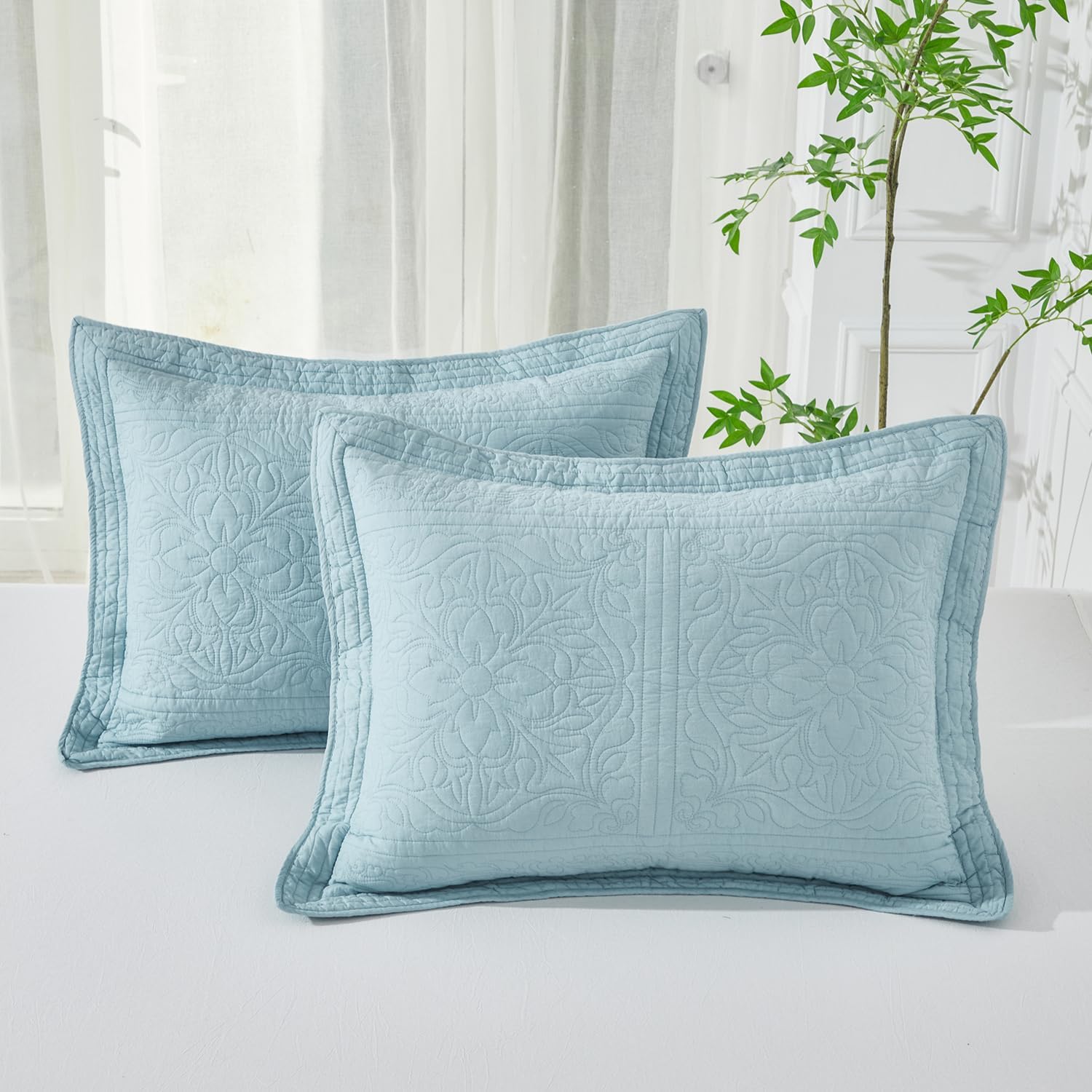 WINLIFE 100% Cotton Quilted Pillow Sham King Size Baby Blue