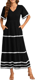 Women's Casual Summer Maxi Dress Swiss Dot V Neck - Flowy Comfort