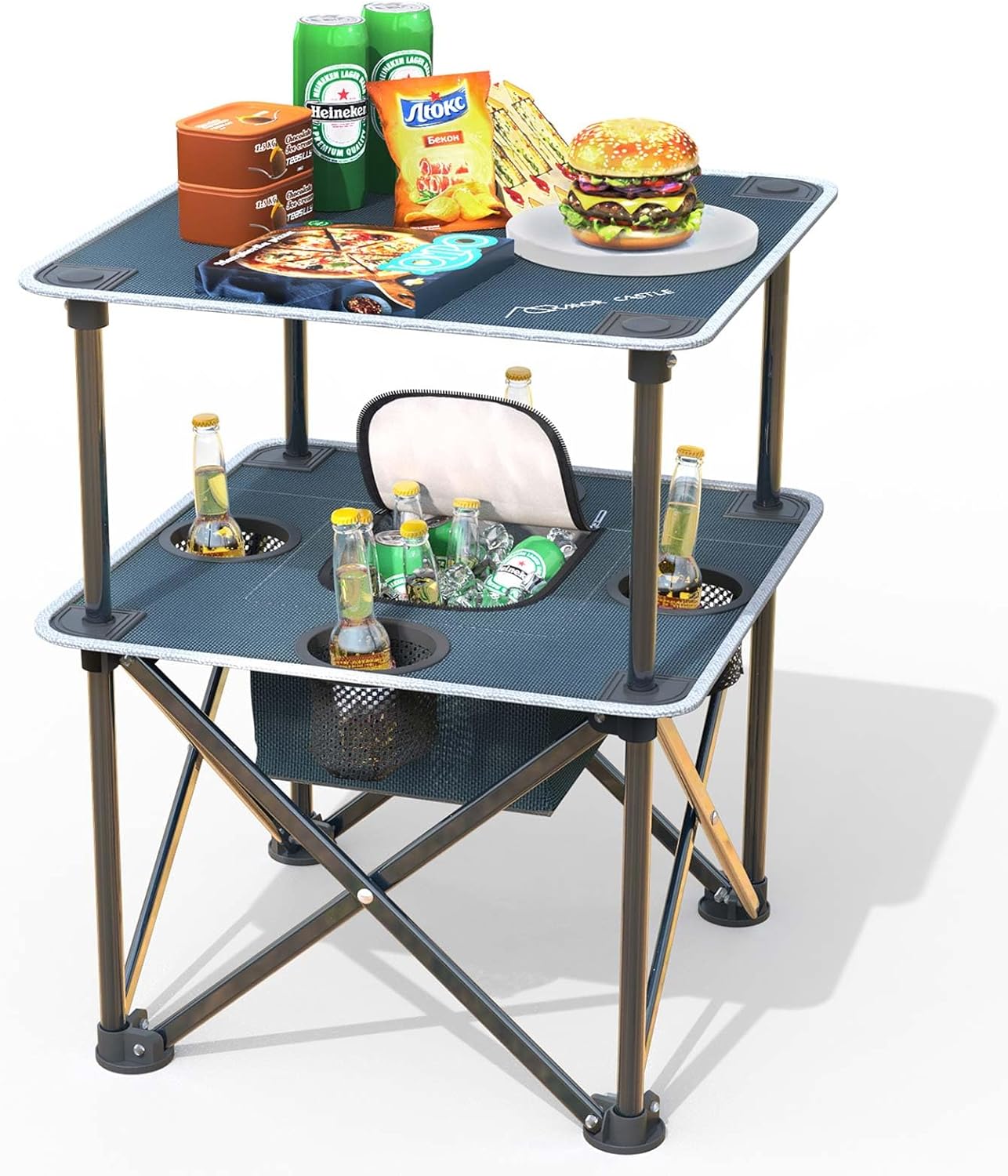 Folding Beach Table with Insulated Cooler & 4 Cup Holders