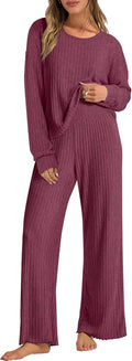 Women 2 Piece Lounge Pajamas Set - Comfortable Ribbed Knit Fit