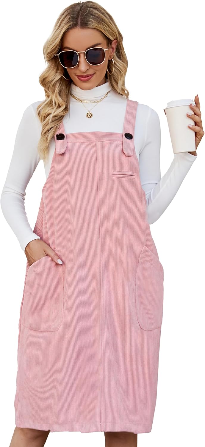 Flygo Women's Corduroy Jumper Overall Pinafore Midi Dress