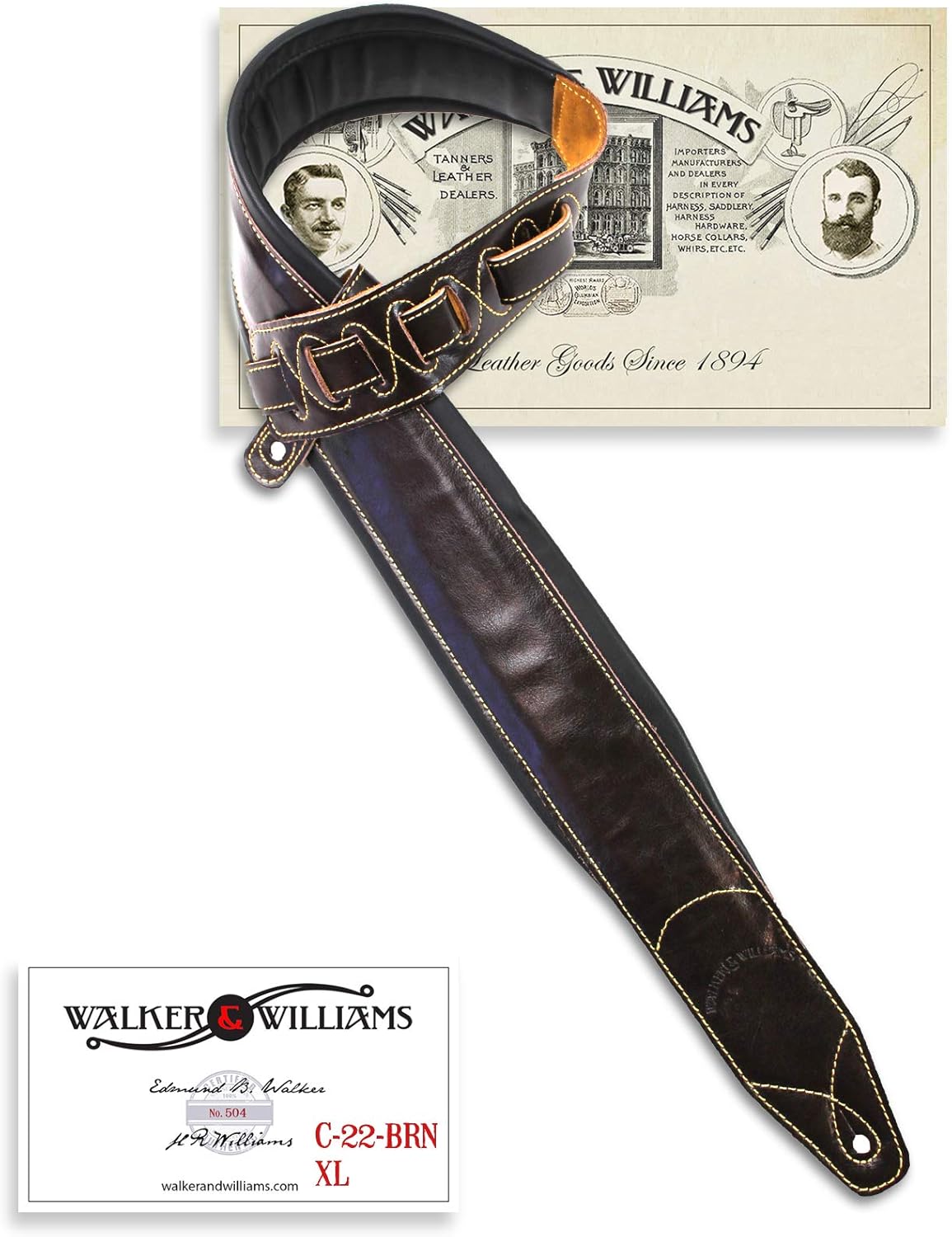 Premium Handmade Brown Leather XL Guitar Strap by Walker & Williams