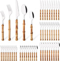 50PCS Bamboo Handle Silverware Set for 10 - Polished Stainless