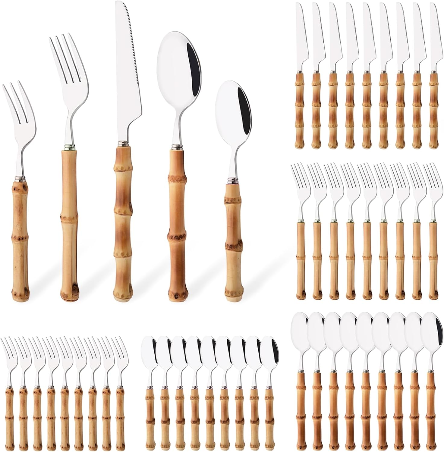 50PCS Bamboo Handle Silverware Set for Home and Parties