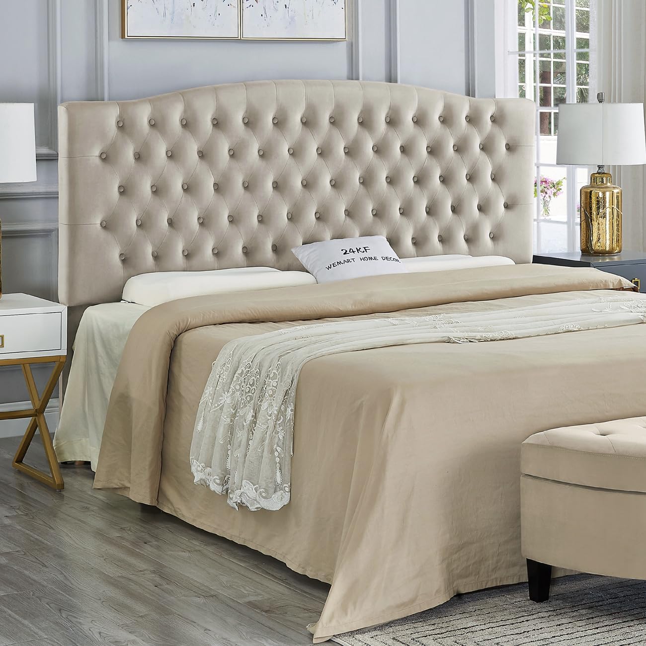 24KF Upholstered Tufted Button Velvet Headboard for King Size