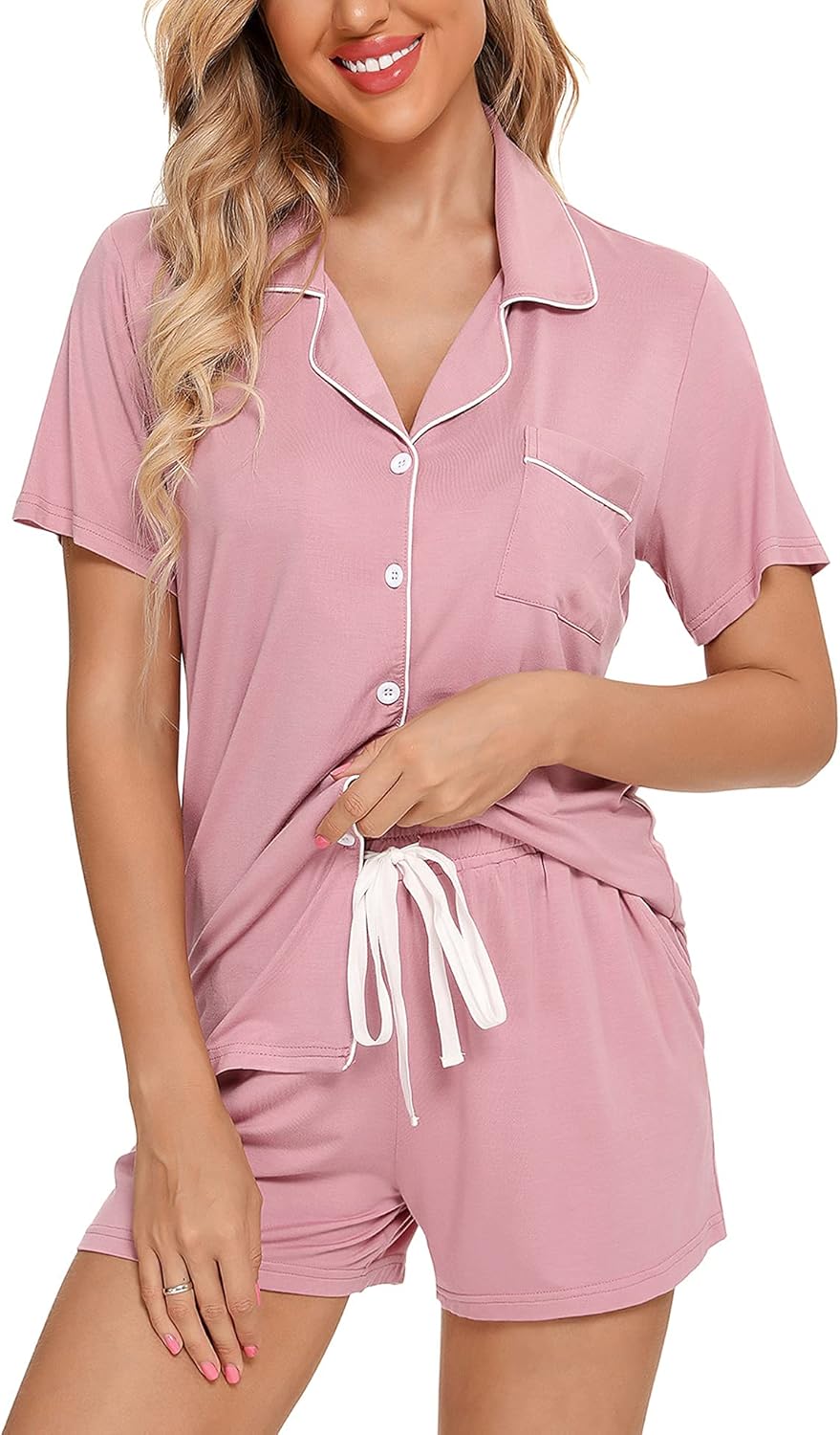 Anjue Womens Pajamas Set Soft Button Down Nightwear Shorts
