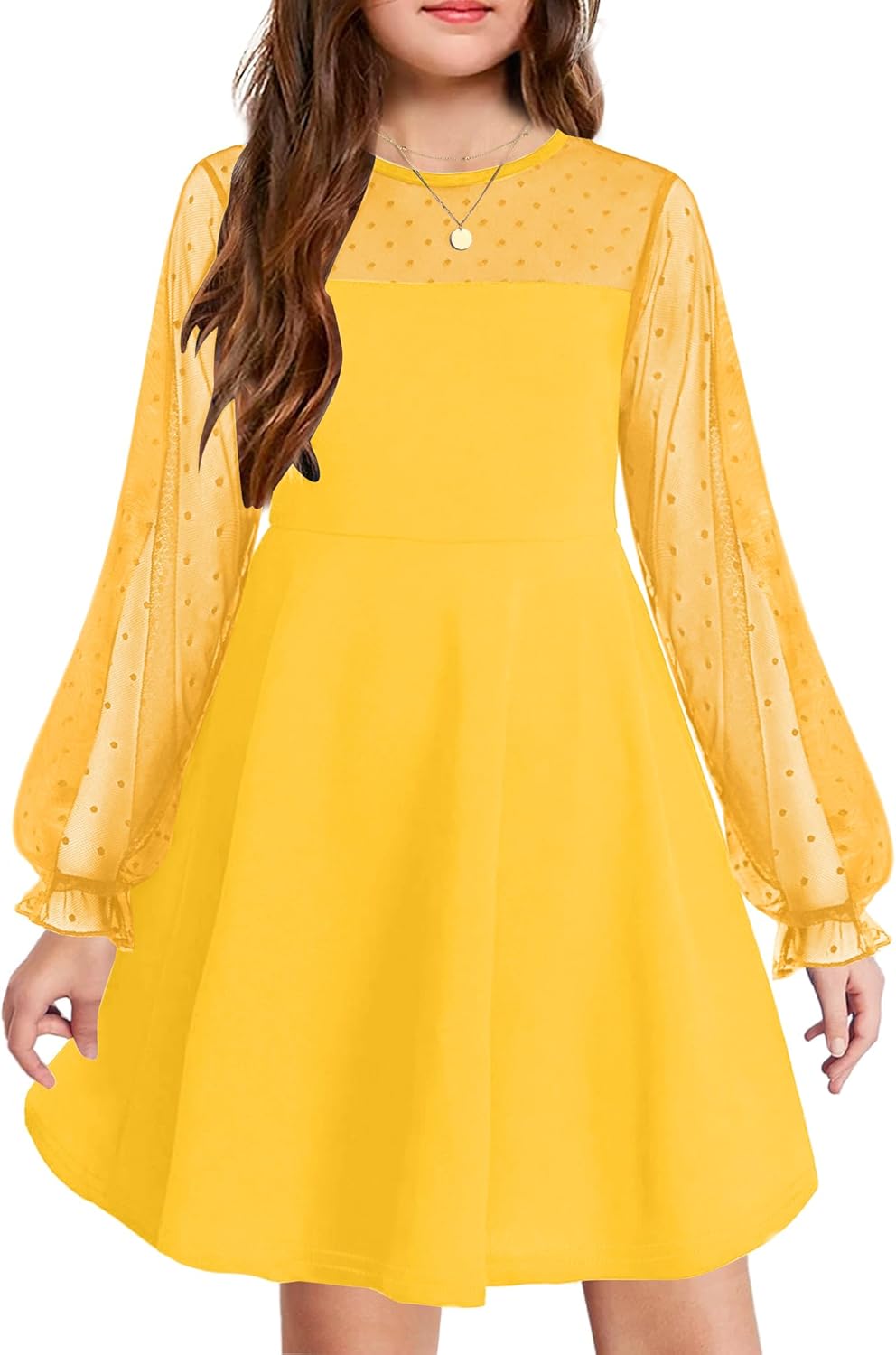 Arshiner Girl's Contrast Mesh Puff Long Sleeve Dress with Pockets