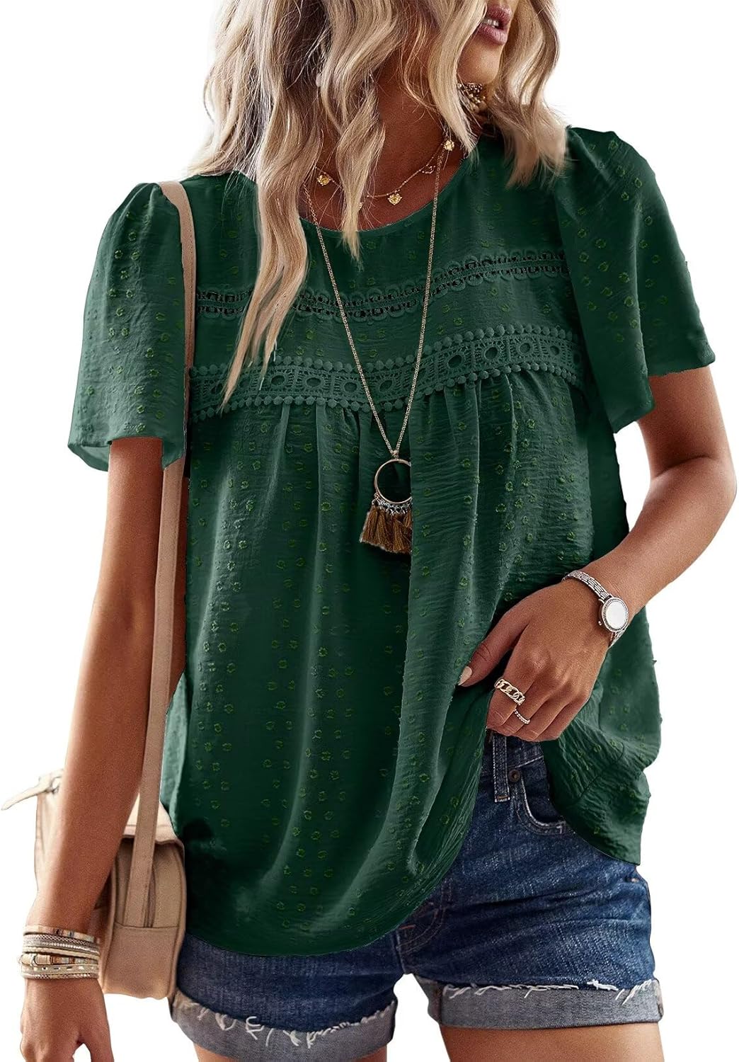 Womens Summer Tops Crewneck Short Sleeve Casual Chiffon Blouses