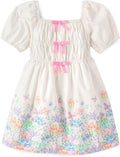 Girls Short Sleeve Tiered Cotton Poplin Dress - Floral Detail