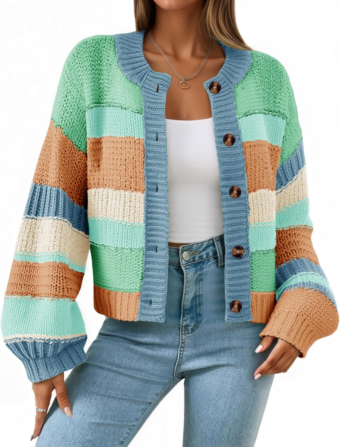 Trendy Color Block Chunky Cardigan Sweater for Women