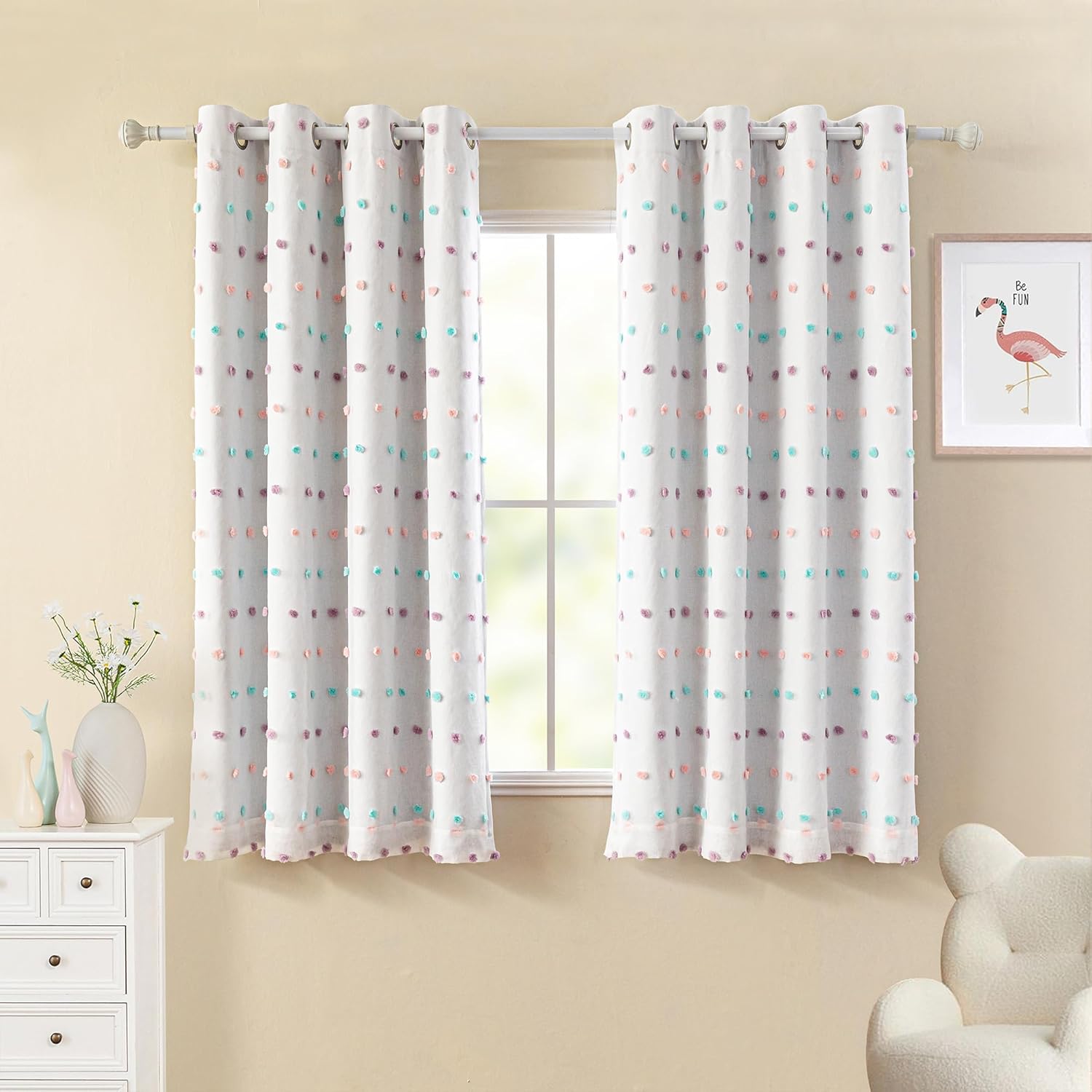 Total Blackout Curtains for Kids Bedroom with Pom Poms