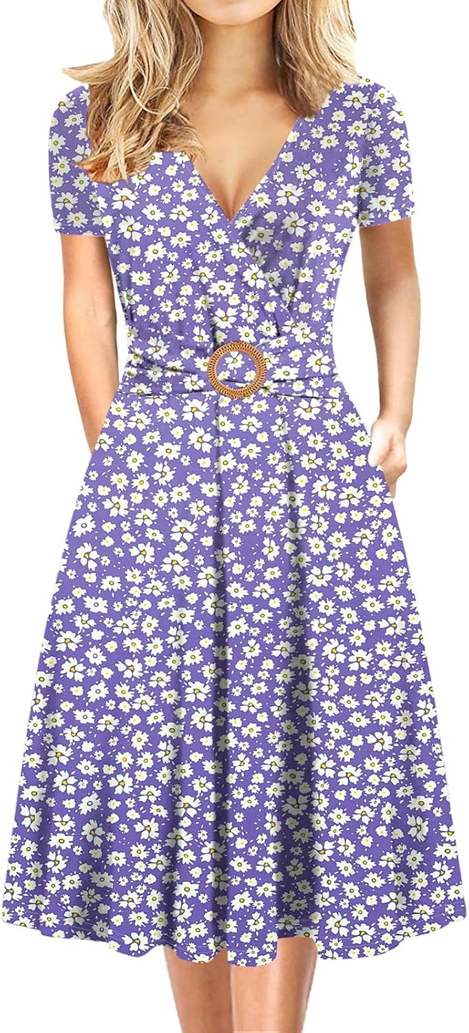 Elegant Criss-Cross V Neck Vintage Dress with Pockets for Women