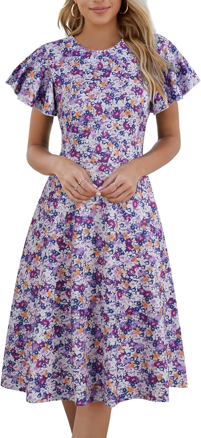 HELYO Women's Semi-Formal Ruffle Sleeves V-Back Cocktail Dress
