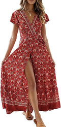Bohemian Floral Wrap V Neck Maxi Dress - Beach Ready and Flowy