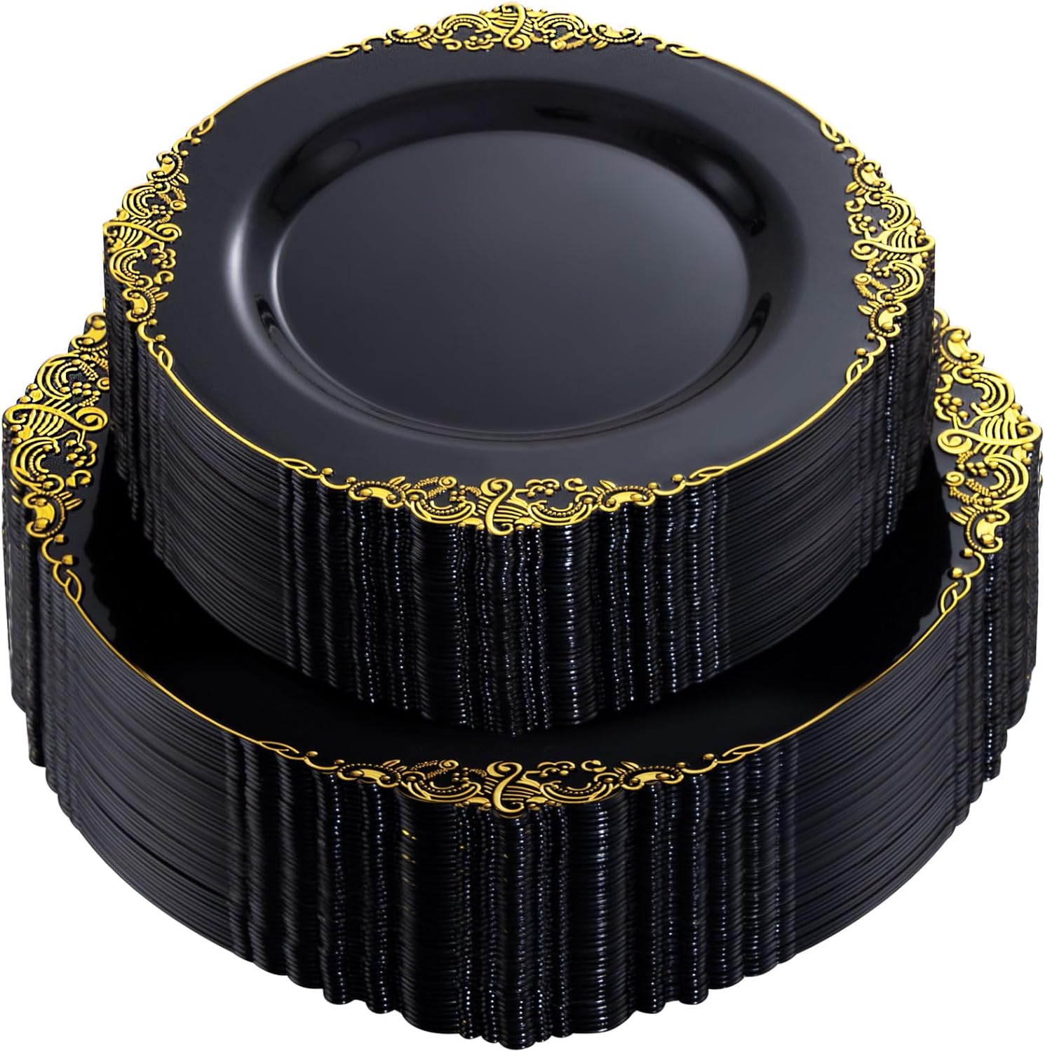 102PCS Black and Gold Plastic Plates for Elegant Gatherings