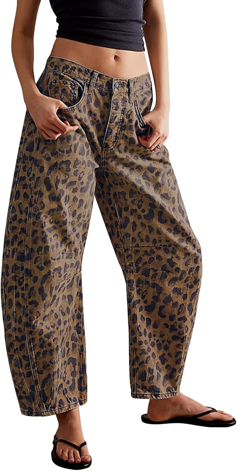 Kedera Women's Baggy Barrel Jeans: Trendy Leopard Print Style