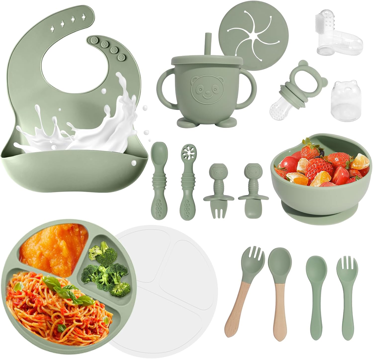 Baby Led Weaning Supplies Set with Silicone Utensils and Bib