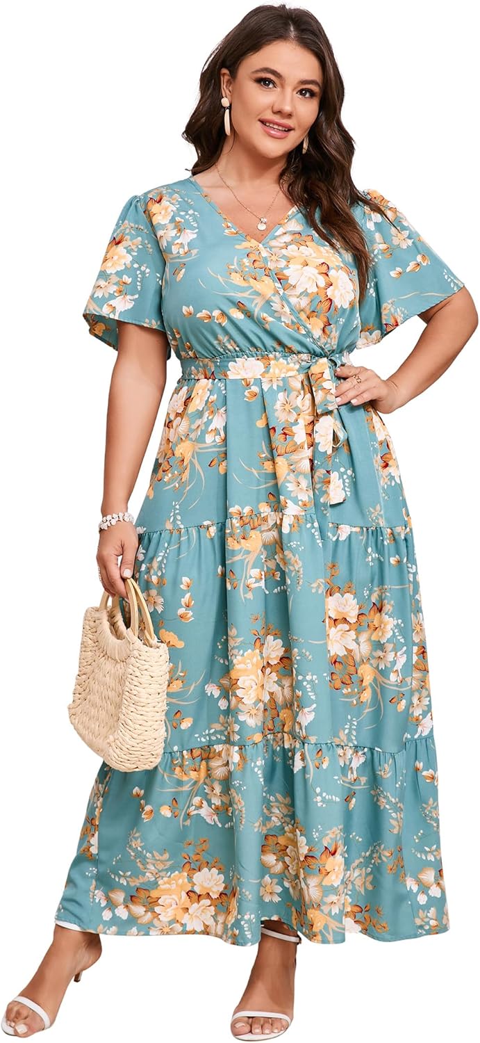 Plus Size V Neck Wrap Maxi Dress for Women with Ruffles