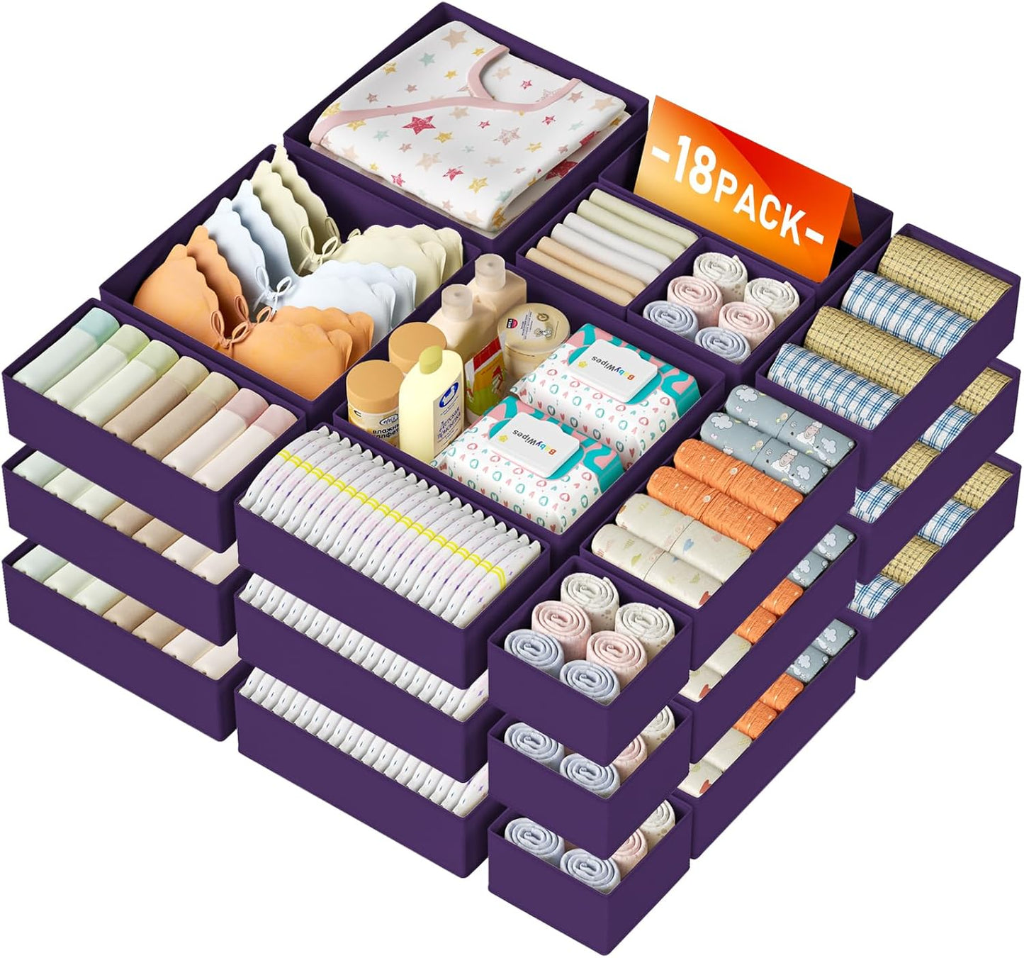DIMJ Drawer Organizer for Clothes Storage - 18 Pack Bins