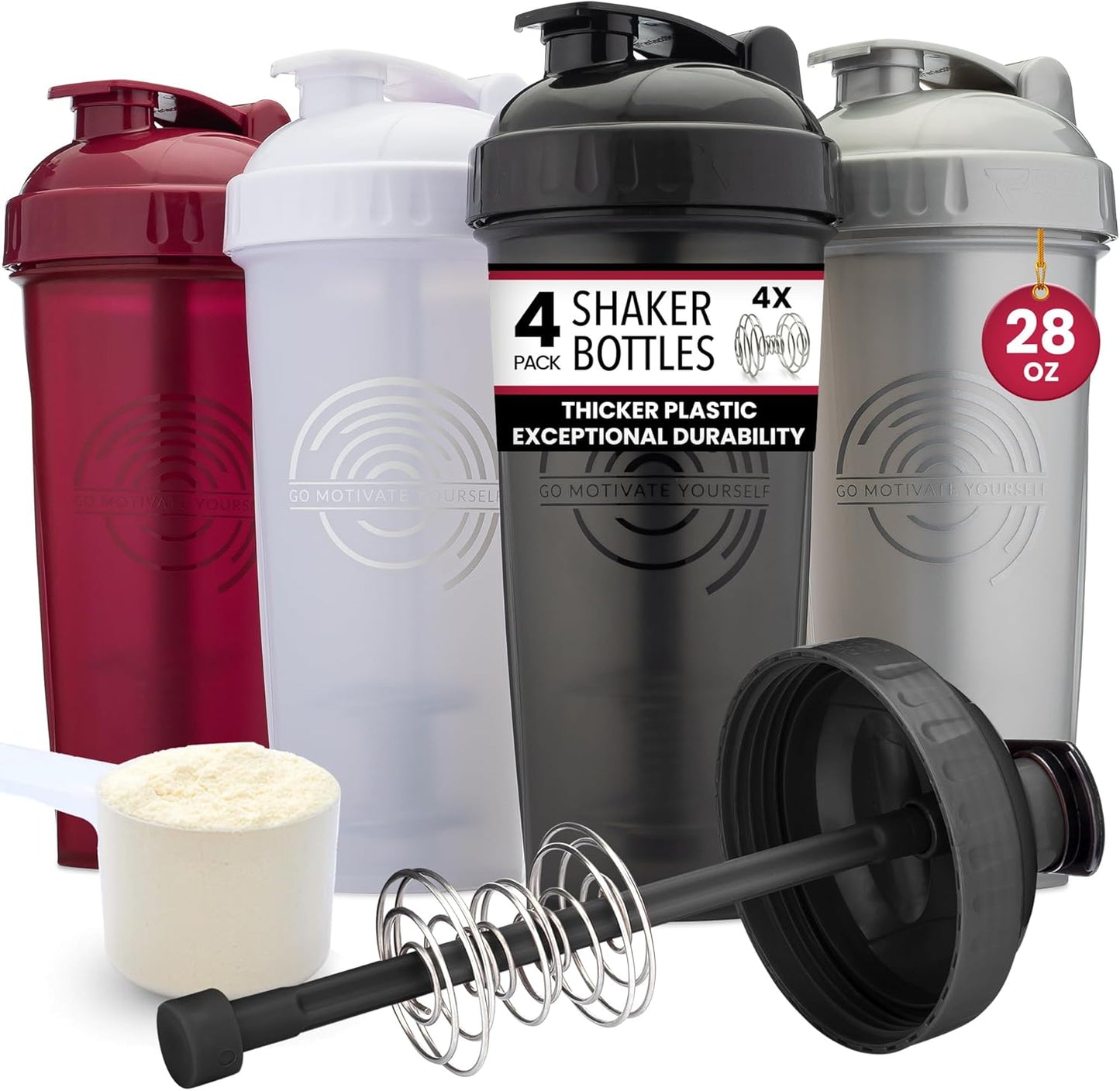 GOMOYO 4-Pack 28oz Shaker Bottles | Action-Rod Wire Mixer | BPA-Free, Dishwasher Safe | Mix & Shake in Style