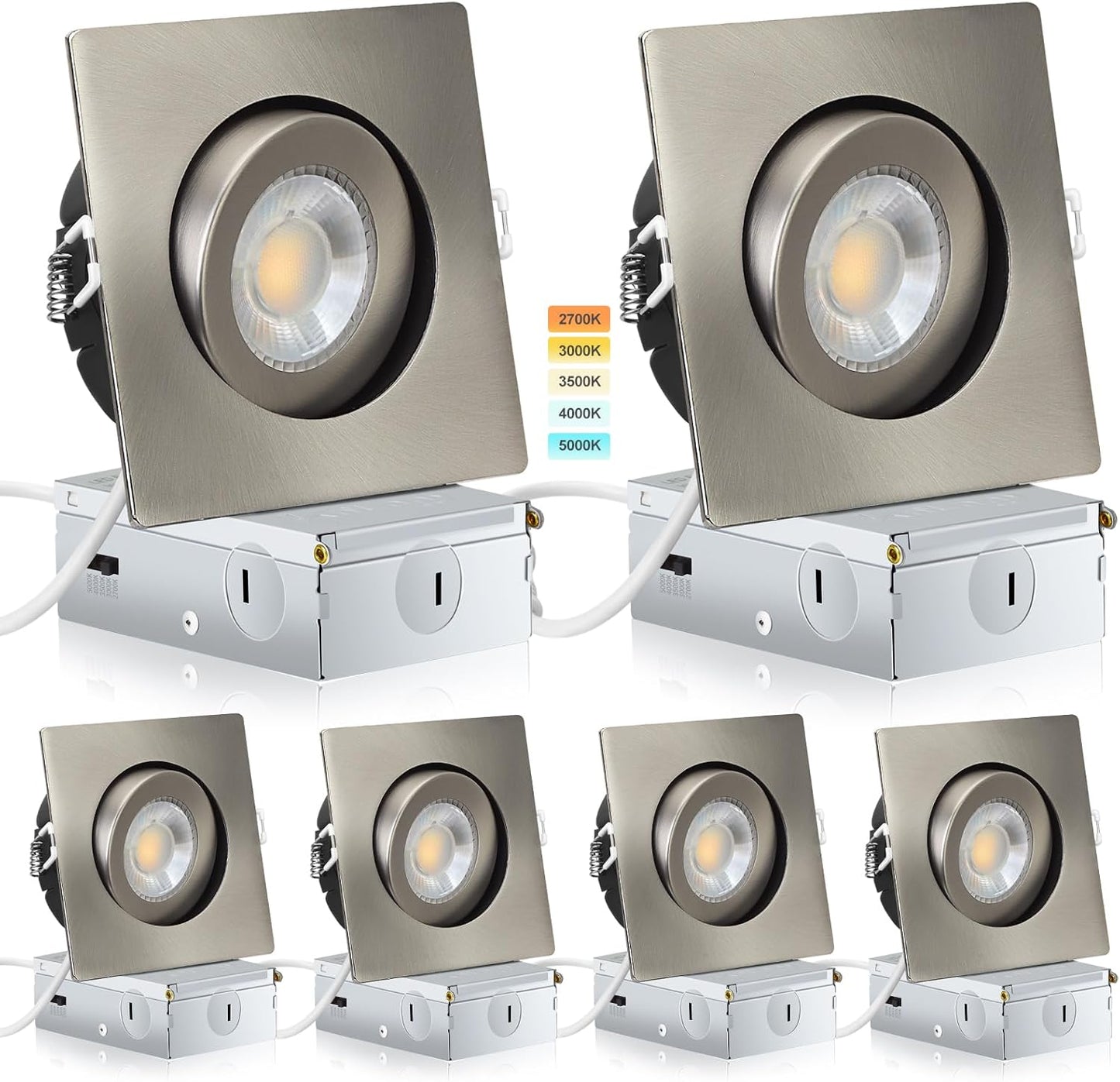 Brushed Nickel Square Recessed Lights 4 Inch 6 Pack Dimmable