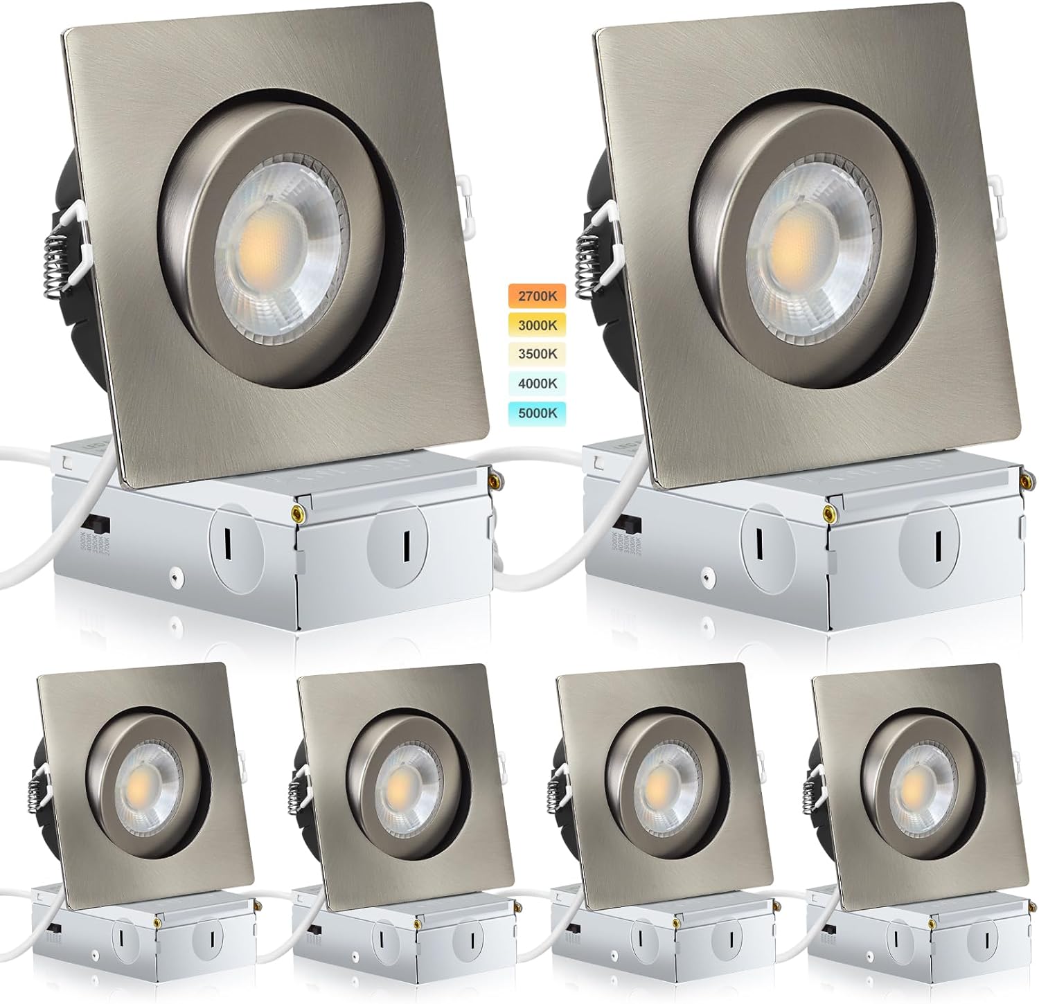 Brushed Nickel Square Recessed Lights 4 Inch 6 Pack Dimmable
