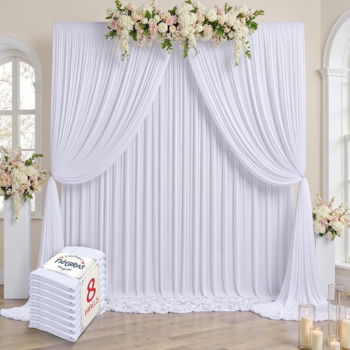 40x10 White Backdrop for Parties, Wrinkle-Free Polyester - 8 Panels