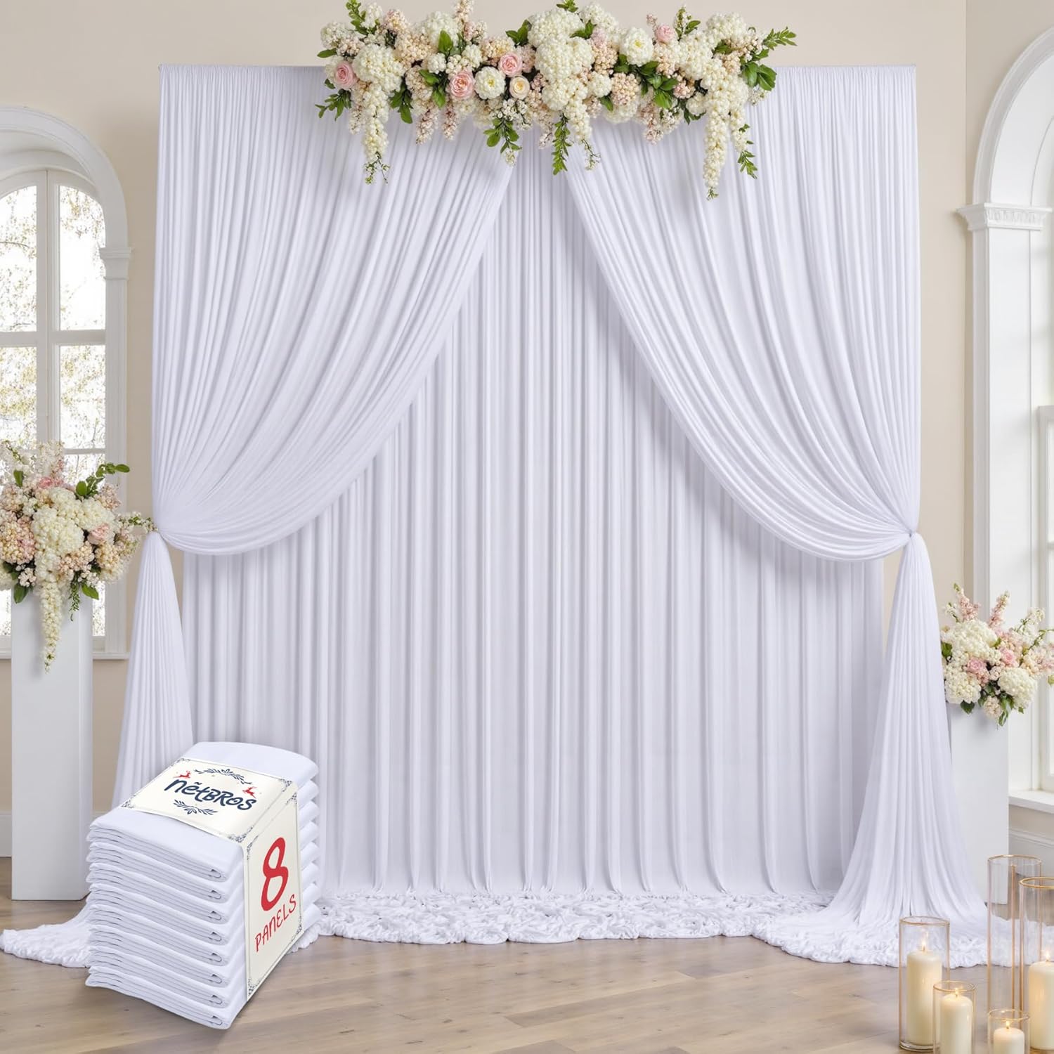 40x10 White Backdrop for Parties, Wrinkle-Free Polyester - 8 Panels