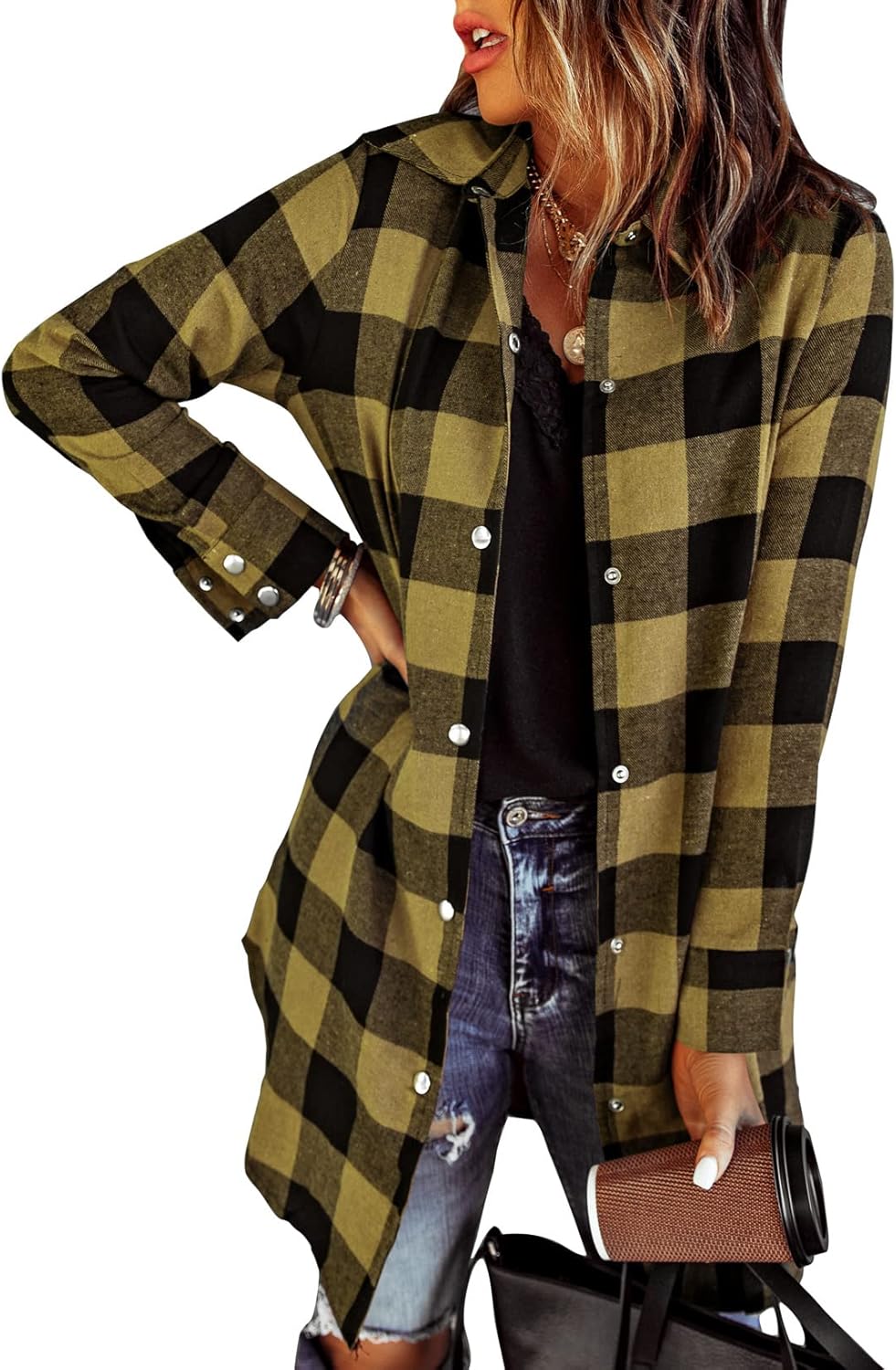 EVALESS Color Block Plaid Shacket Jacket for Women in Fall Fashion