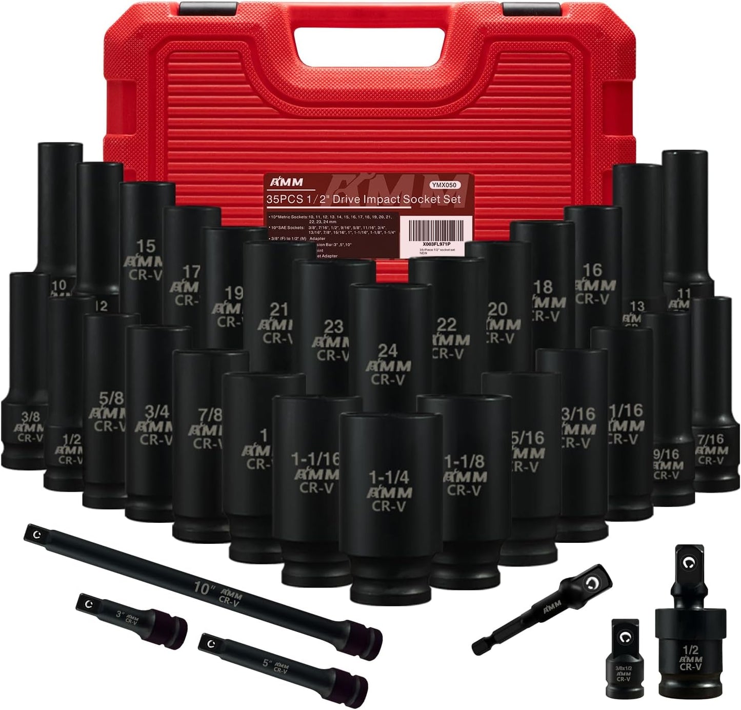 1/2 Drive Deep Impact Socket Set - 35-Piece SAE and Metric