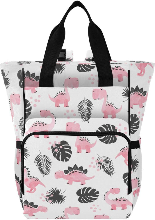 Spacious Pink Cartoon Dinosaurs Diaper Bag Backpack for Parents