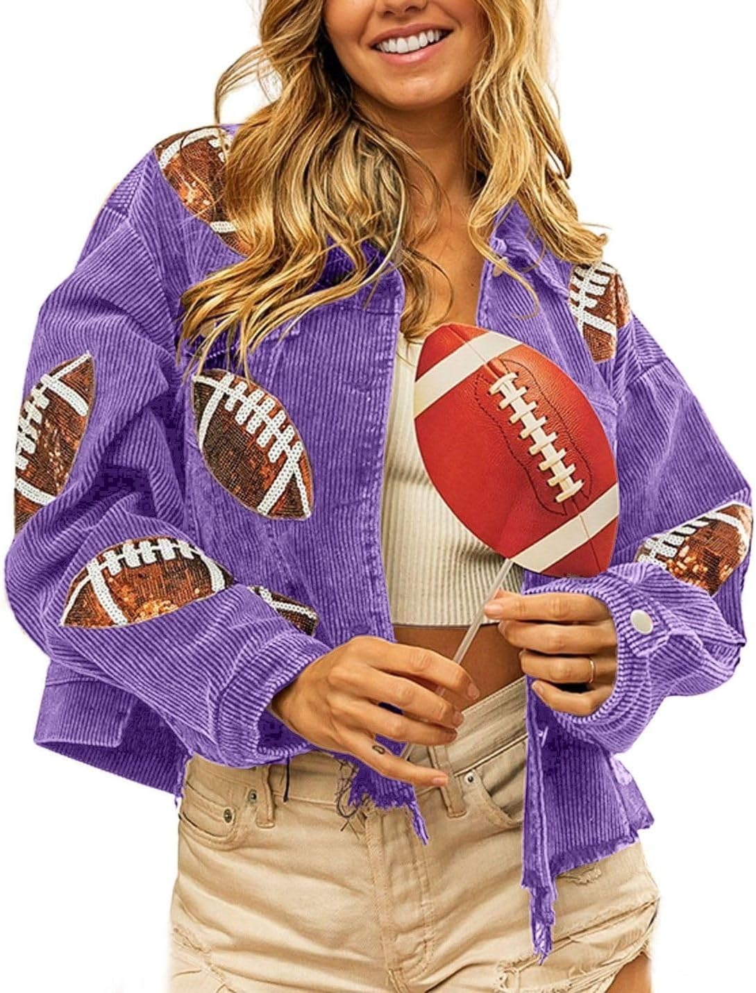 Football Sequin Embroidery Cropped Frayed Hem Jacket for Women