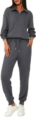 Womens 2 Piece Ribbed Tracksuit Fall Outfits 2025 - Half Zip Set
