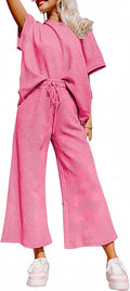 SHEWIN Women's 2 Piece Loungewear Set - Short Sleeve Pullover & Wide