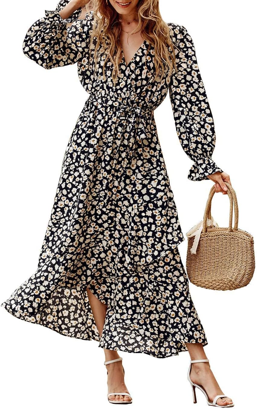 Floral High Waist Ruffle Long Sleeve Dress for Women