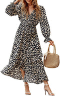 V Neck Floral High Waist Ruffle Dress - Flattering Boho Midi