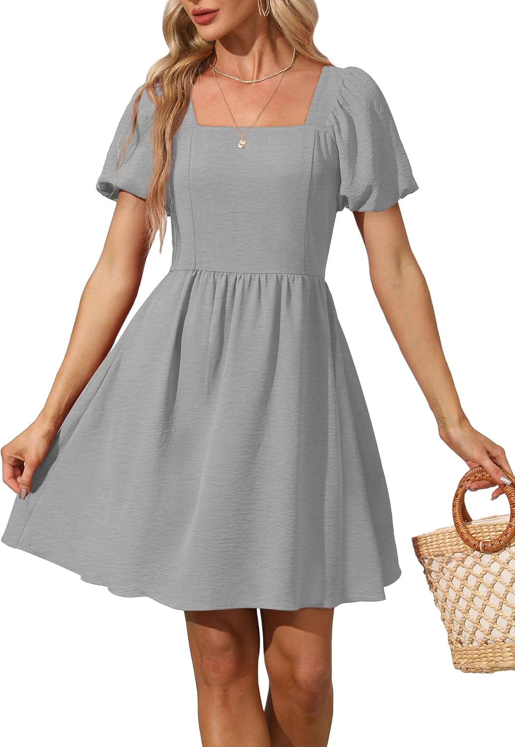 OFEEFAN Women Puff Sleeve Square Neck Tie Back Dress with Zipper