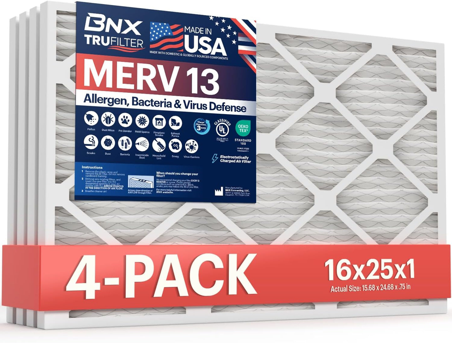 BNX TruFilter 16x25x1 MERV 13 Air Filter for Allergies & More