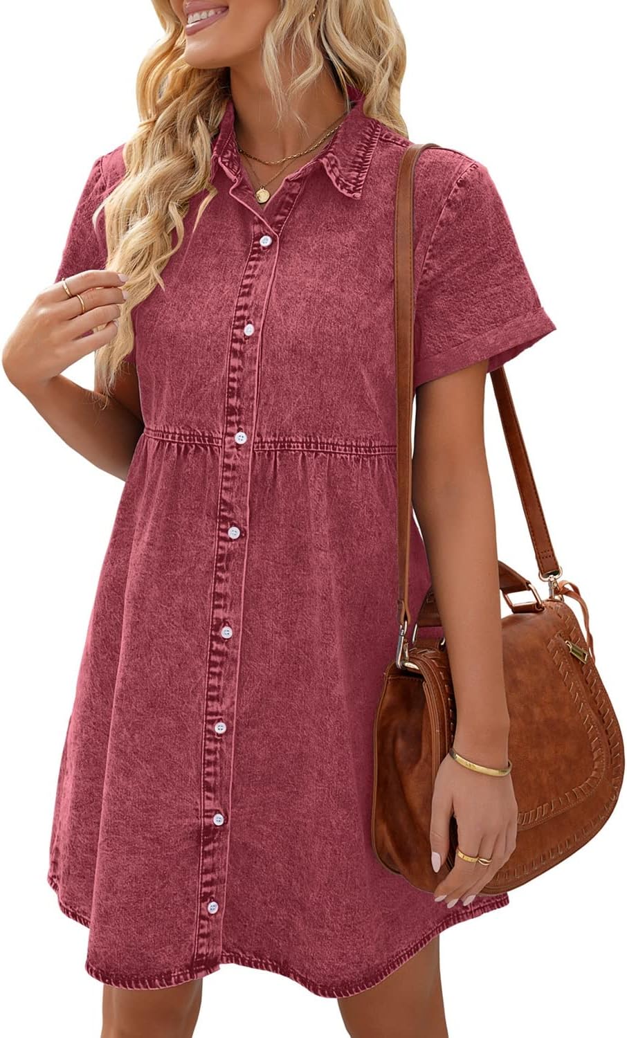 LookbookStore Women's Short Sleeve Button Down Denim Dress