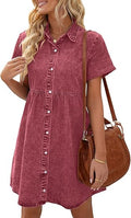 Denim Babydoll Dress for Women - Short Sleeve Button Down Flowy Tiered